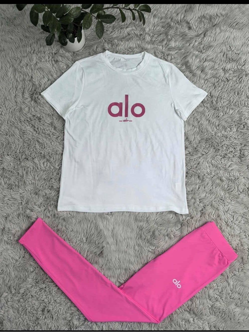 ALO Yoga White Logo Tee & Hot Pink Leggings Kids Pajama Set